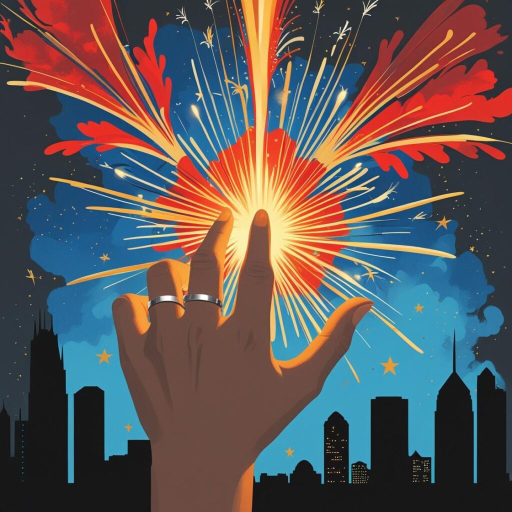 Stylized image of fireworks exploding over Chattanooga skyline, with a hand lighting a fuse, representing 4th of July marketing for businesses.