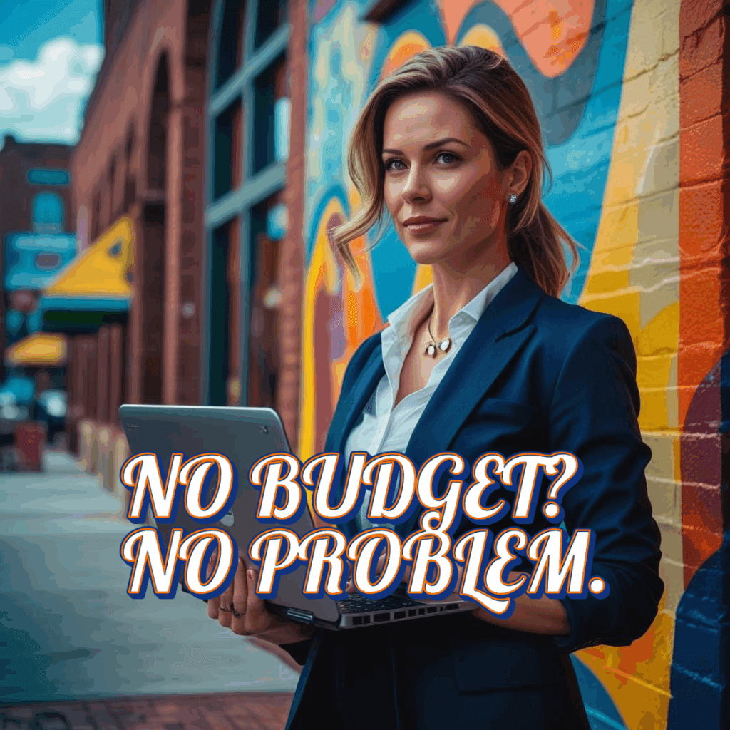 YOU'RE BROKE, BUT YOUR BUSINESS DOESN'T HAVE TO BE! Determined Chattanooga small business owner using a laptop, with text "NO BUDGET? NO PROBLEM. CHATTANOOGA HUSTLE," representing budget-friendly marketing strategies for local startups.