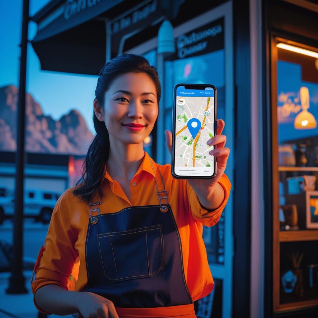 A determined Chattanooga business owner leveraging local marketing strategies to boost their brand visibility, as their business is prominently featured on a digital map on their phone.