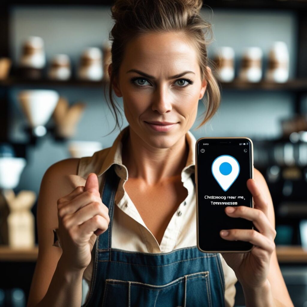 A determined Chattanooga business owner is shown holding a phone with a successful "near me" search result, representing effective local SEO and Google Business Profile optimization.