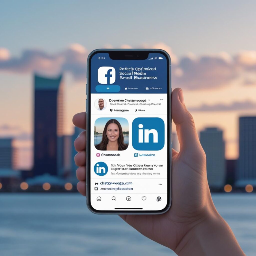 Social Media Profile: Your New Business Card? A digital marketing infographic showing an optimized social media profile for a Chattanooga small business, with a focus on a clear logo, strong bio, and call-to-action link.