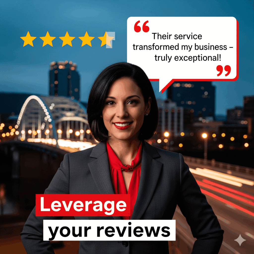 Secret Weapon: Turning Reviews into Your Best Marketing Tool A high-energy photo of a Chattanooga business owner with superimposed 5-star ratings and a powerful review. The image represents the power of using customer reviews for digital marketing.