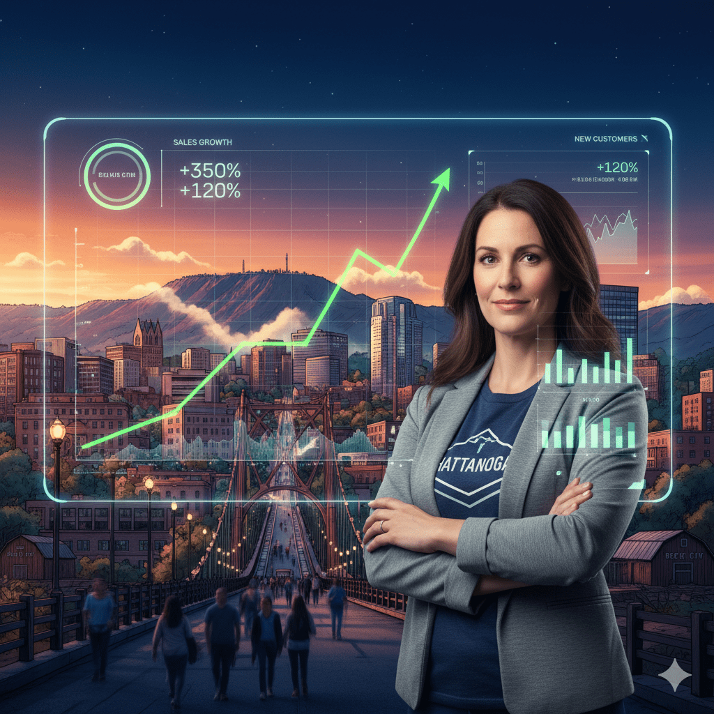 Sick of Empty Leads? Flood Your CHATTANOOGA BUSINESSES now A determined Chattanooga business owner smiling in front of a digital marketing graph showing rapid growth, representing the success of a local digital marketing campaign by Covenant Marketing Group.