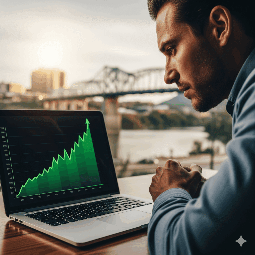 Your Digital Storefront: Why Your Website Isn't a Brochure A determined Chattanooga small business owner looking at a laptop screen showing a sharp increase in website traffic, a metaphor for effective website lead generation and digital marketing strategy.