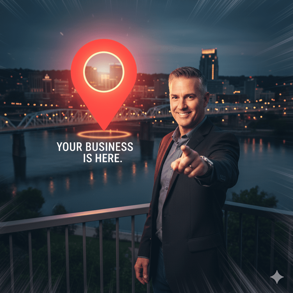 The Google Business Profile: Your #1 Employee is Free riumphant small business owner in Chattanooga pointing to an optimized Google Business Profile pin, emphasizing local SEO success and lead generation.