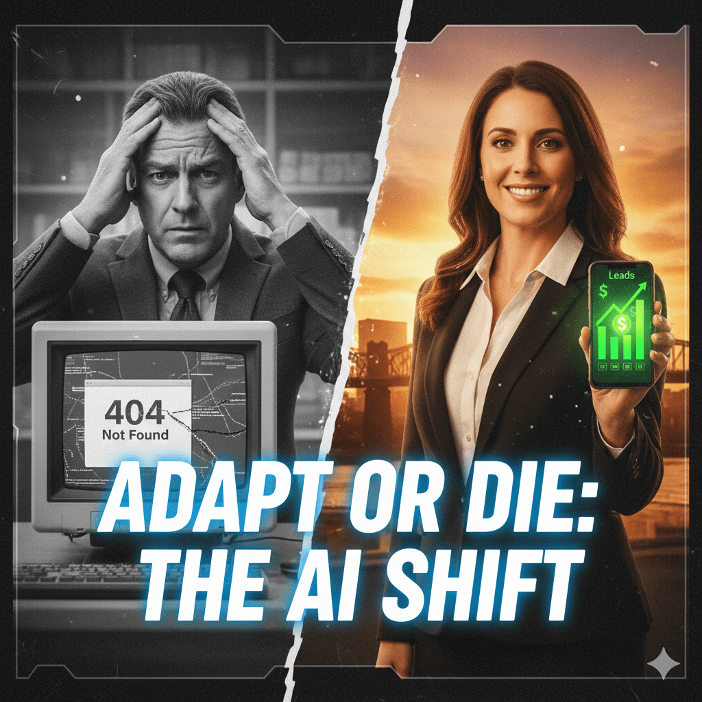 Old Way of SEO is Dead-Here’s How AI Actually Finds You A split graphic showing a struggling business owner versus a successful Chattanooga business owner winning with AI search strategies, featuring the Walnut Street Bridge.