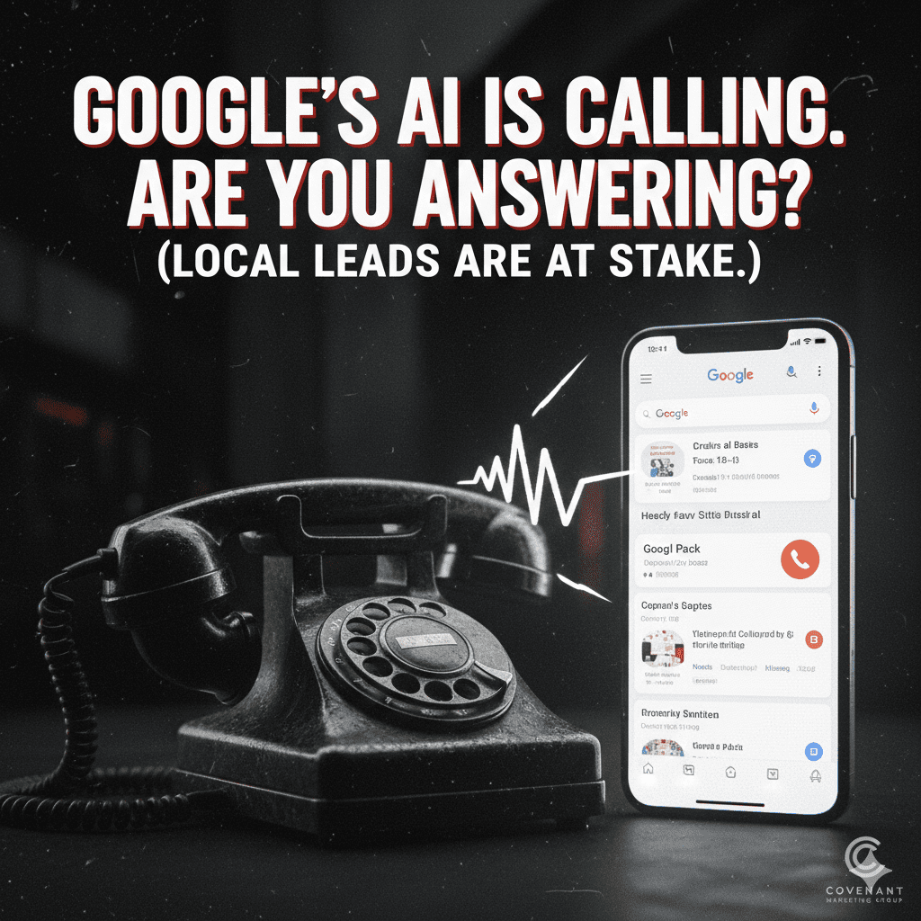 Google’s AI Is Calling Your Business. Stop Missing The Leads A high-energy graphic urging Chattanooga small business owners to answer Google's new AI-powered calls for better local SEO and more online leads.