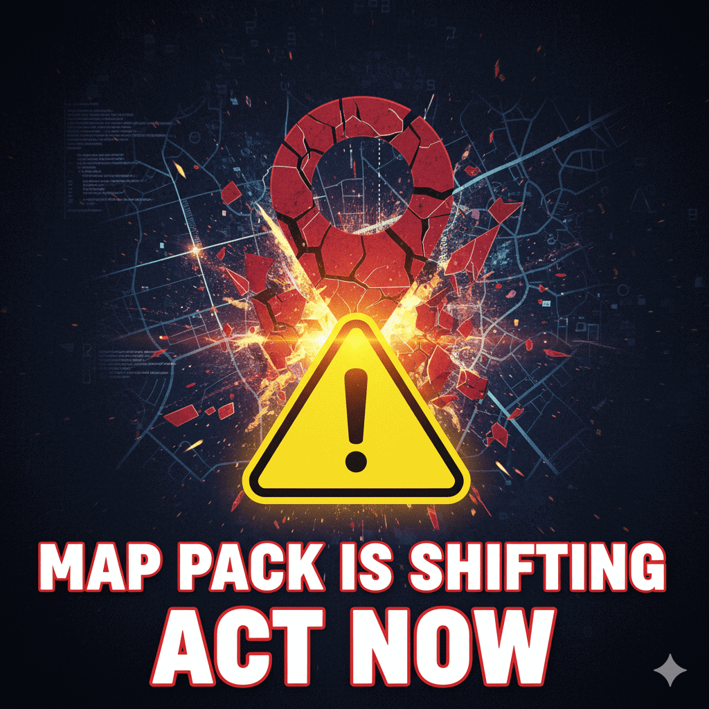 Google Map Pack is Dead? High-energy graphic of a broken Google Maps Local Pack pin, telling Chattanooga small businesses to pivot their local SEO strategy to focus on Google Business Profile optimization.