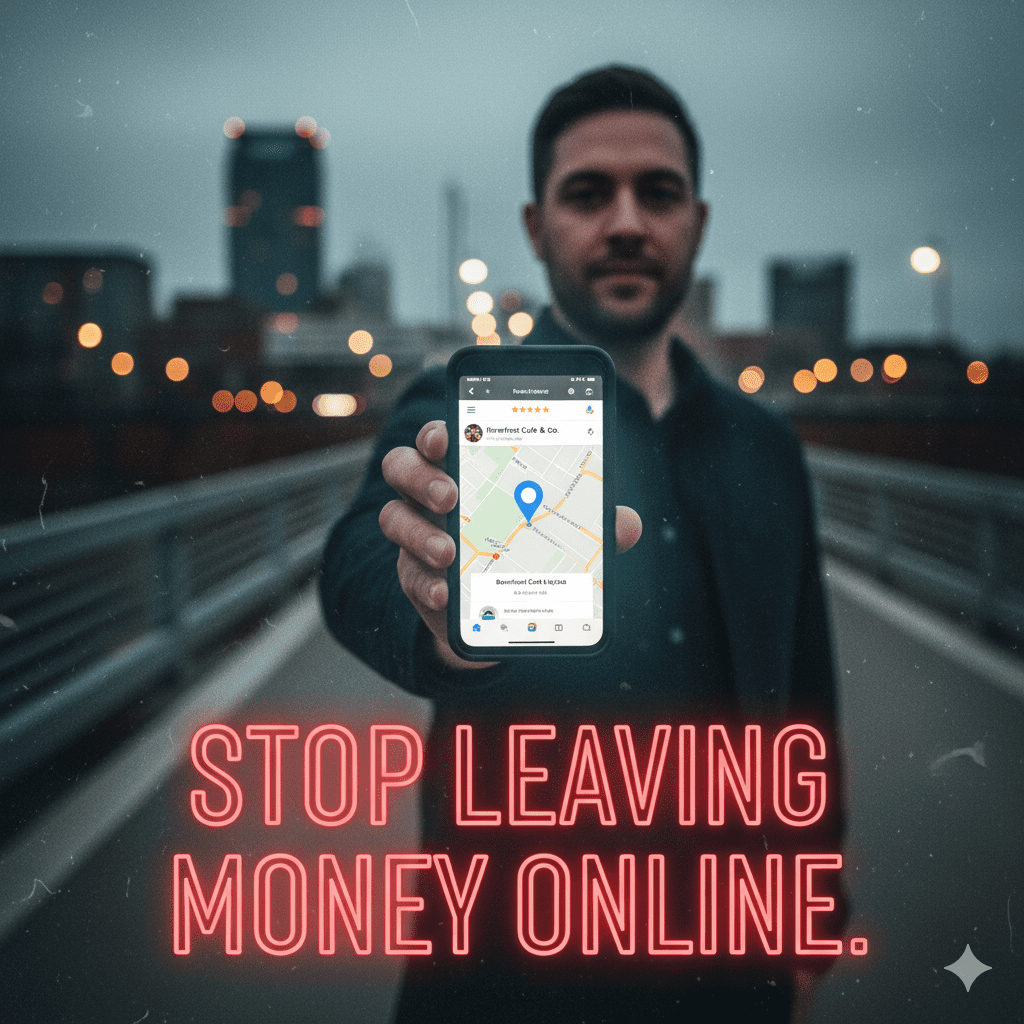 Chattanooga Business Owner's Wake-Up Call A high-impact image showing a small business owner in Chattanooga reading a report on a phone with "More Leads" text, demonstrating the success of local SEO and digital marketing by Covenant Marketing Group.