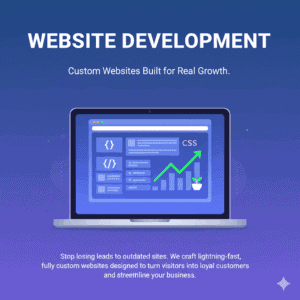 Custom website development graphic showing a laptop with website wireframes and growth charts, representing digital growth.