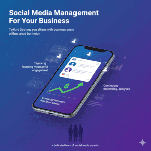 Social Media Management graphic featuring a smartphone displaying a social media feed with interconnected user profiles and engagement icons, symbolizing tailored strategy and client conversion.